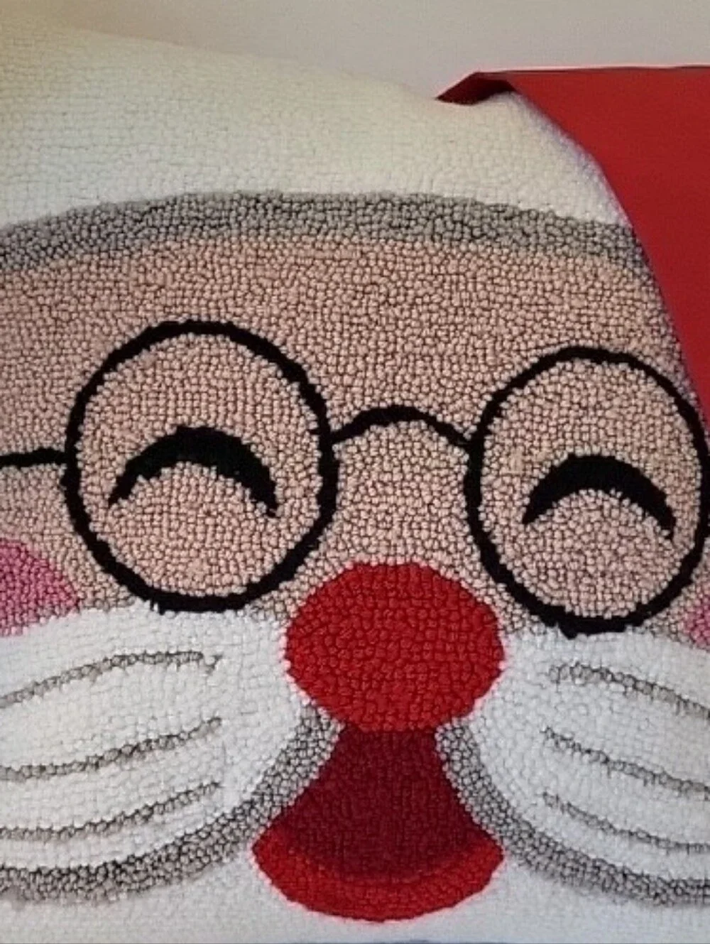 Festive Santa Face Hooked Wool Pillow - 3D Red Hat 16x16